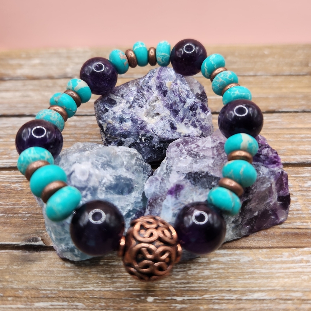 Imperial Jasper, Amethyst, and Copper Beaded Bracelet